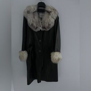 Vintage 1970’ Black 
Leather & Fur Belted Trench Coat with Fur Trim old money